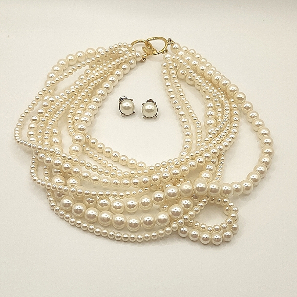 Multi-Strand Faux Pearl Choker, Vintage Faux Pearl Stud Earrings.